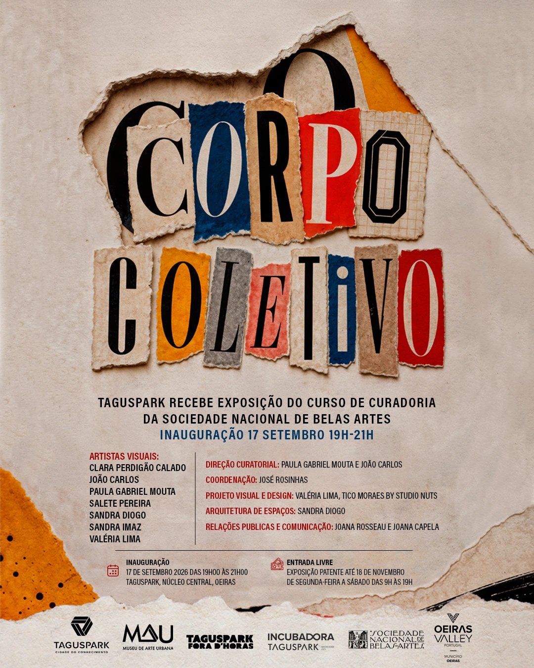 Poster for the “Corpo Coletivo” exhibition, featuring the title cut out in colorful lettering against a beige background, along with information on the artists, curator, and dates