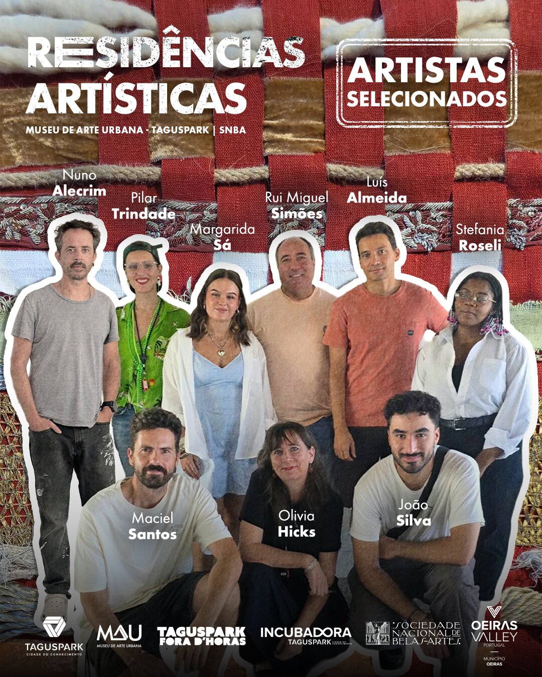 Poster featuring the artists selected for the MAU-SNBA Artist-in-Residence Program: Nuno Alecrim, Pilar Trindade, Margarida Sá, Rui Miguel Simões, Luís Almeida, Stefania Roseli, Maciel Santos, Olivia Hicks, and João Silva, photographed as a group.
